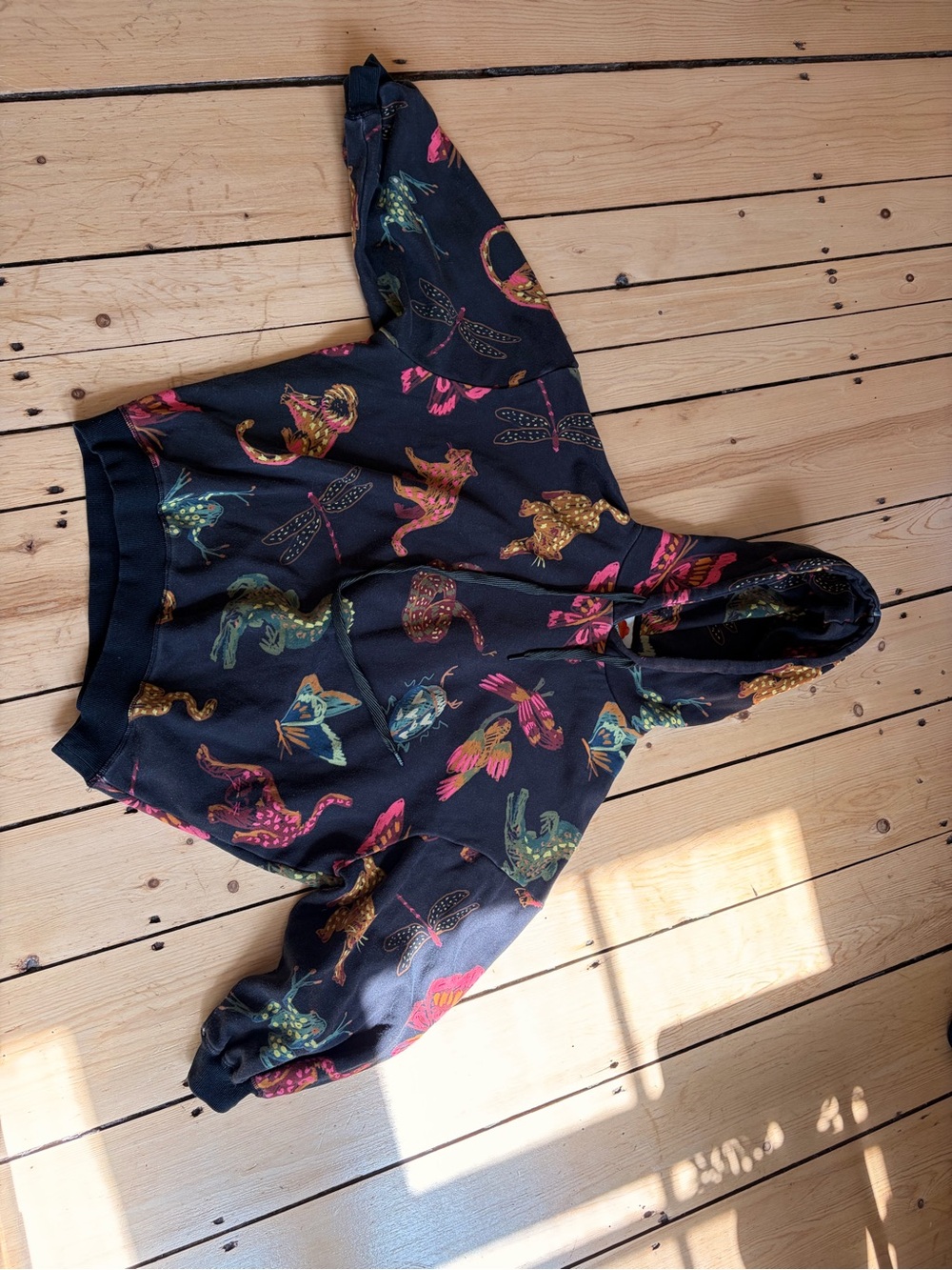 FARM Rio Black Hooded Sweatshirt with Multicolor Animal & Dragonfly Print